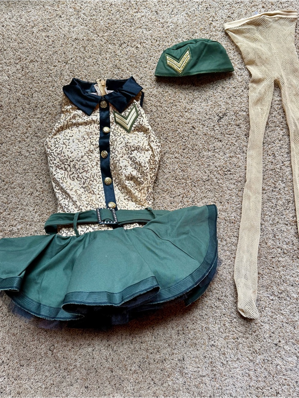 Weissman LC Military Dance Costume w/ Hat & Capezio Fishnet Tights Gold Sequin